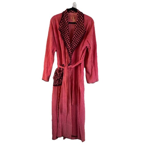 Vintage 60s Rockabilly Chenille Plaid Contrast Bath Robe Pink USA One Size